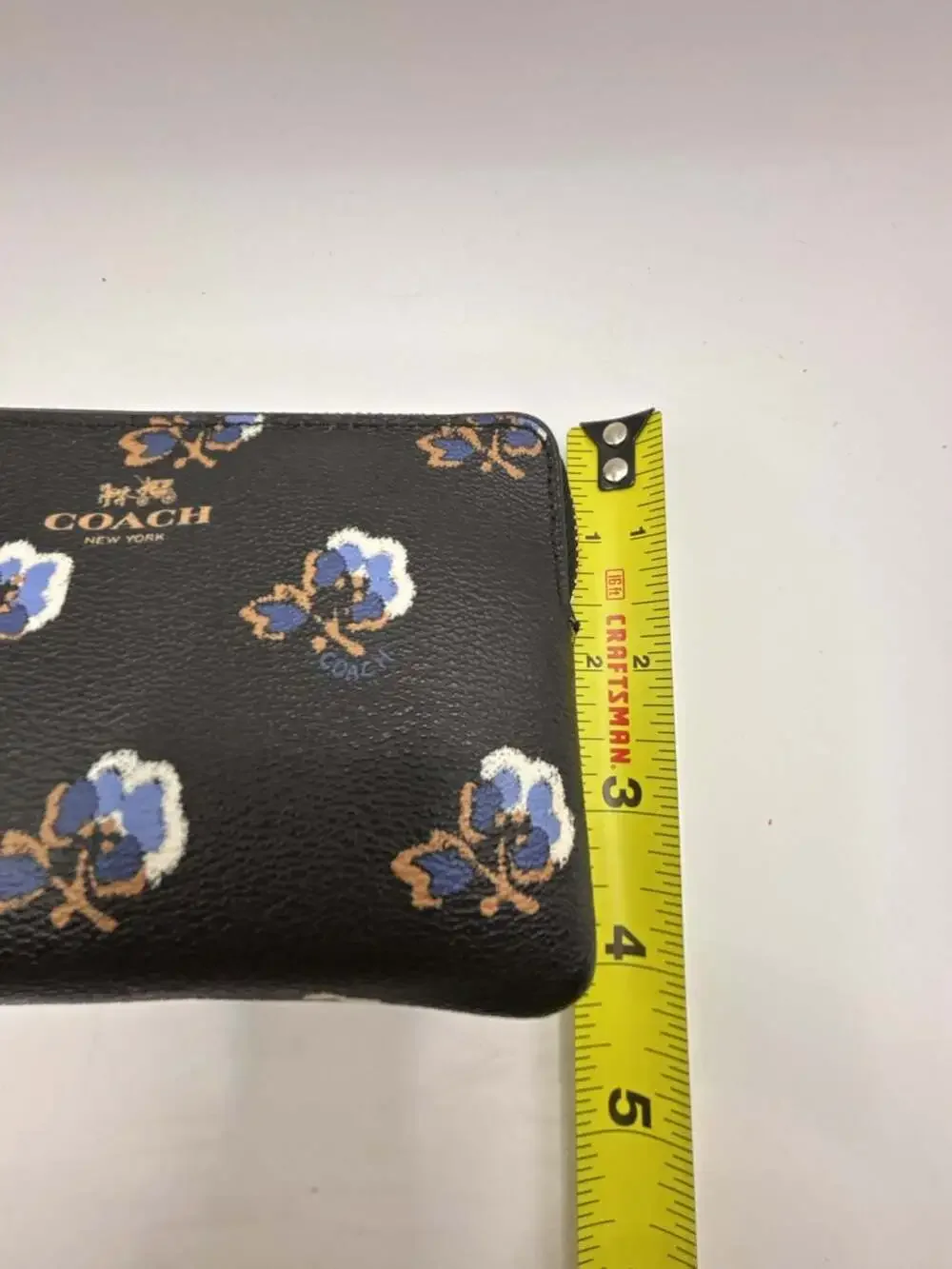 Coach Black Blue Floral Bramble Rose Print Leather Wristlet Pouch